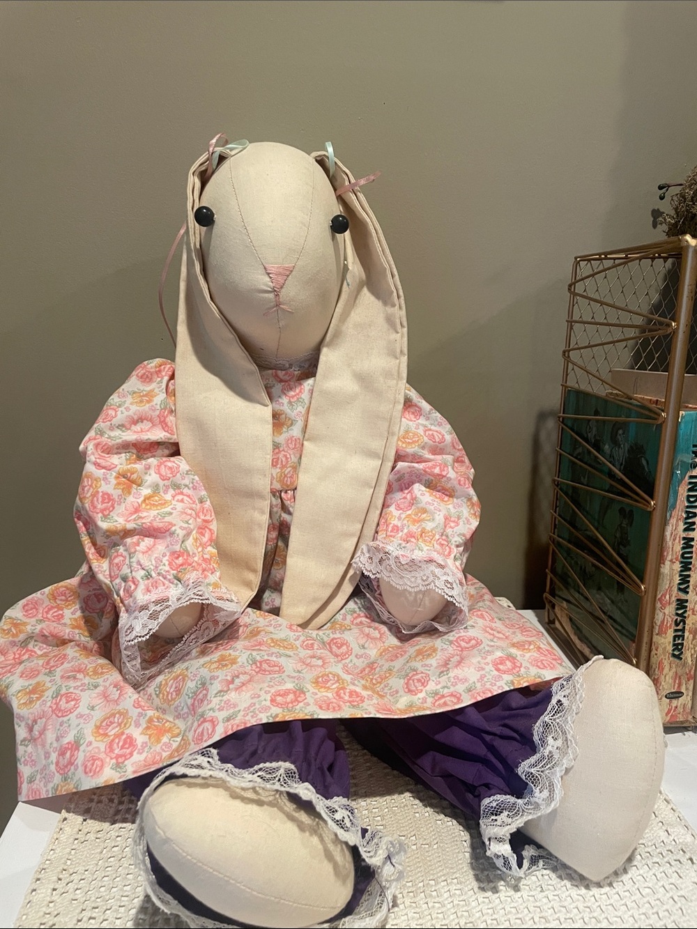 Handmade Floral Rag Doll Bunny in Cream and Purple
